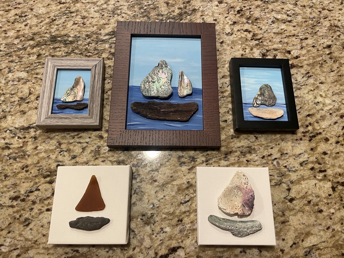 Abalone shell and painting in frame