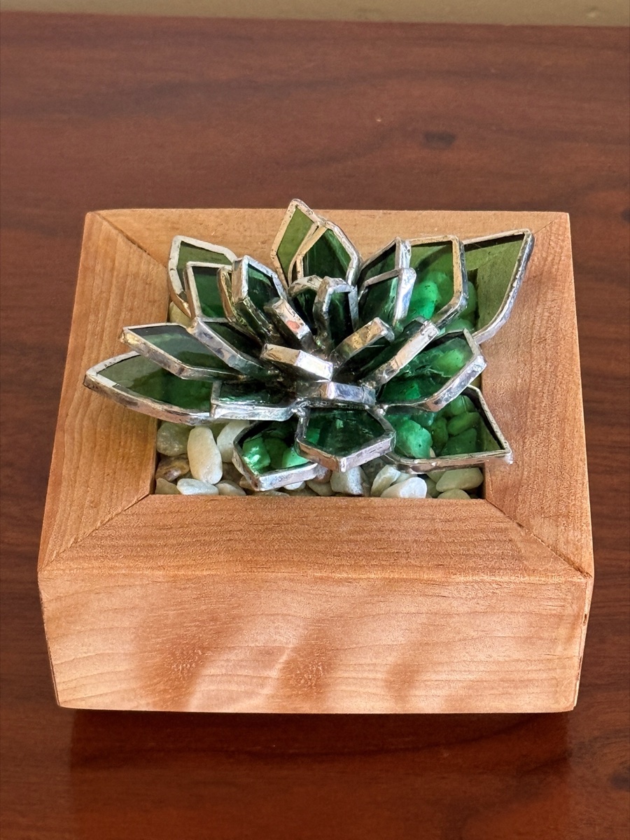 Succulent stained glass in wooden vase
