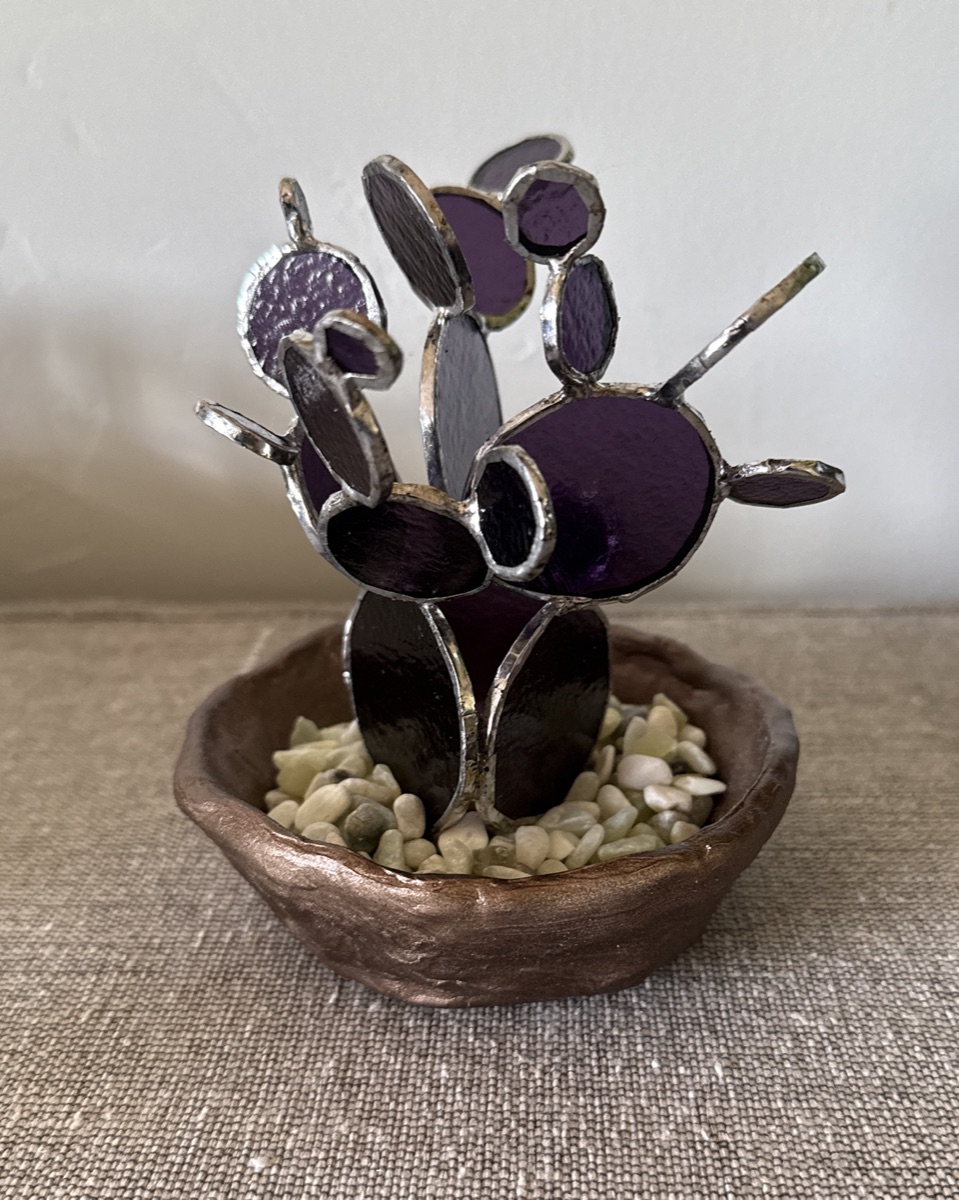 Custom purple prickly pear stained glass in a copper bowl